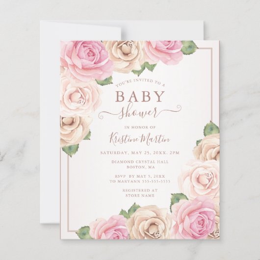 Papier Rose budgétaire Aquarelle Floral Baby shower Invit (Devant)