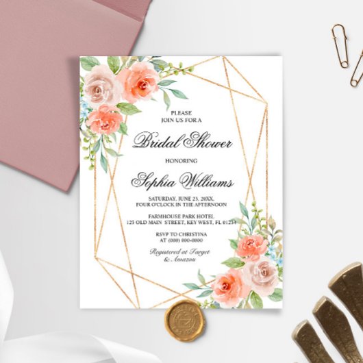 Papier Rose de jardin et cadre d'or Invitation de douche