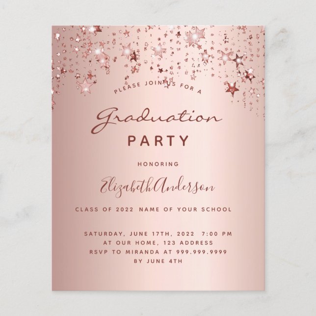 Papier Rose de la fête de graduation or étoiles invitatio (Devant)