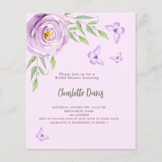 Papier Rose de papillons violet Douche nuptiale invitatio (Devant)
