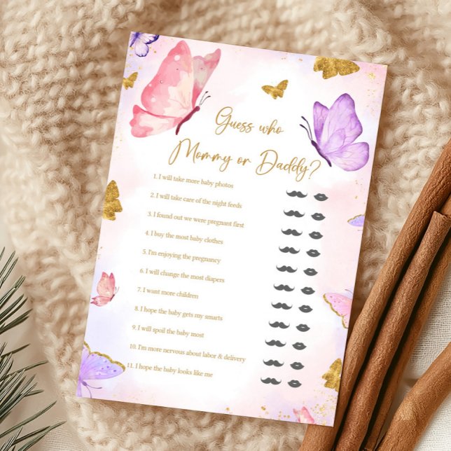 Papier Rose Doré Papillon Violet Jeu de Devinette  (Butterfly Baby Shower Game)