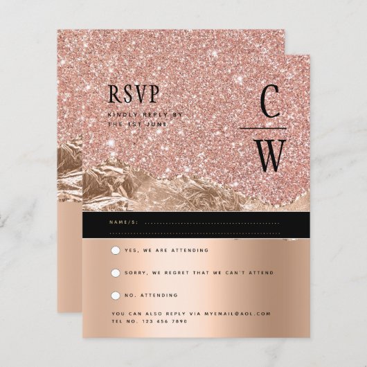 Papier Rose glamour Gold Noir Mariage RSVP (Devant / Derrière)