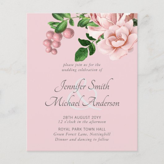 Papier Rose Gold Botanical Floral Budget Mariage Invite (Devant)