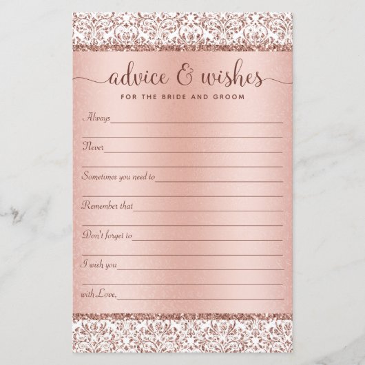 Papier Rose Gold Elégant Mariage Conseils Vœux  (Devant)