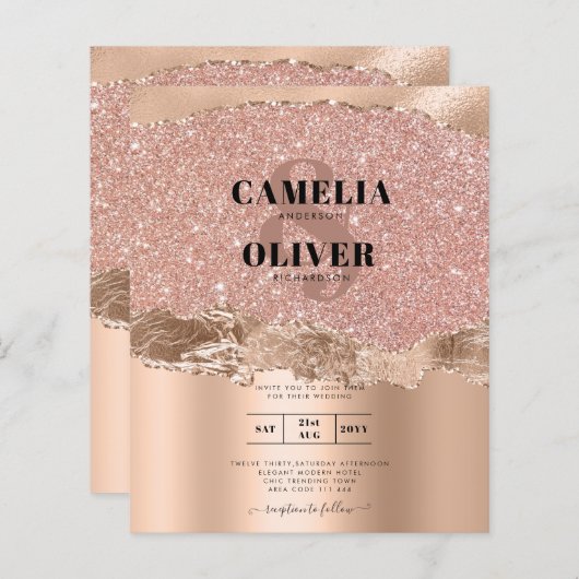 Papier Rose Gold Moderne Glamor Mariage Invitation (Devant / Derrière)