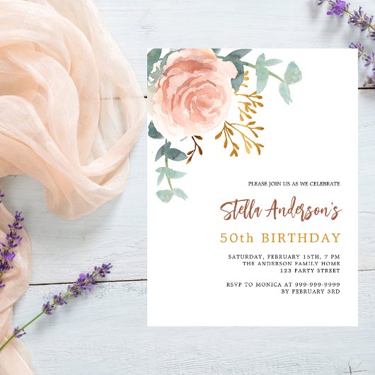 Papier Rose or fleuri budget anniversaire invitation