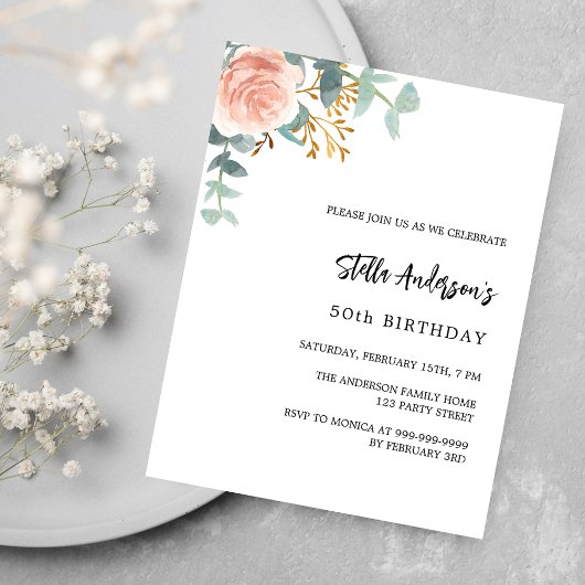 Papier Rose or fleuri budget anniversaire invitation