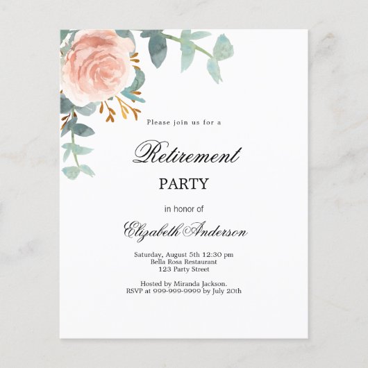Papier Rose or fleuri de retraite invitation (Devant)