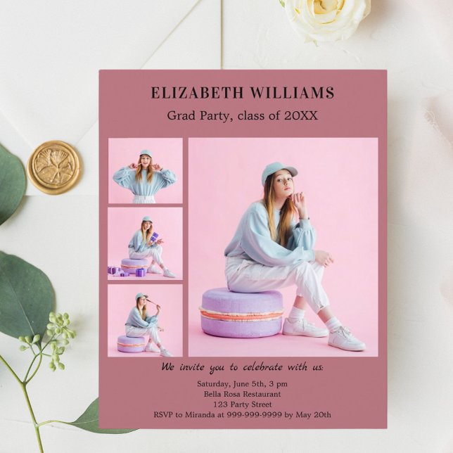 Papier Rose or photo Graduation Party invitation (Créateur téléchargé)