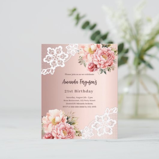 Papier Rose or rose fleurs rose dentelle invitation anniv (Debout devant)