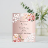 Papier Rose or rose florale dentelle invitation baptême (Debout devant)