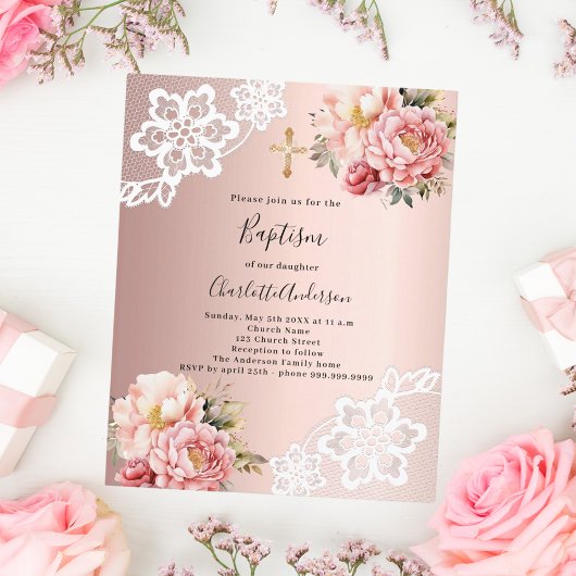 Papier Rose or rose florale dentelle invitation baptême