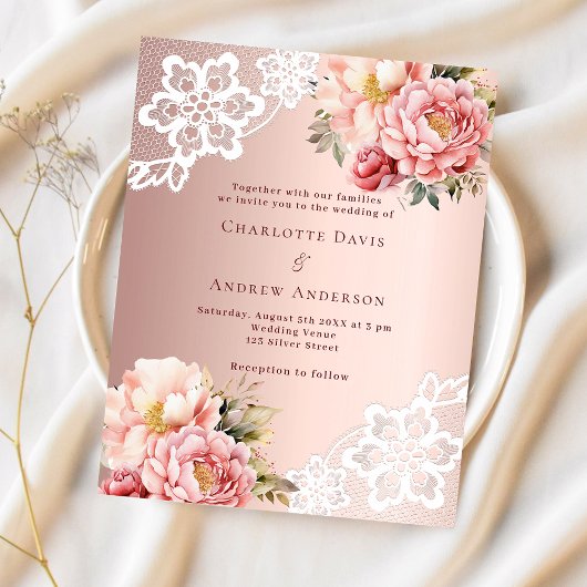 Papier Rose or rose florale dentelle invitation mariage