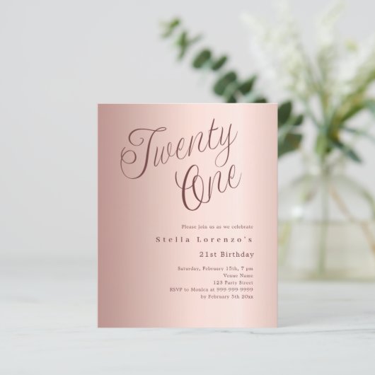 Papier Rose or script budget 21e anniversaire invitation (Debout devant)
