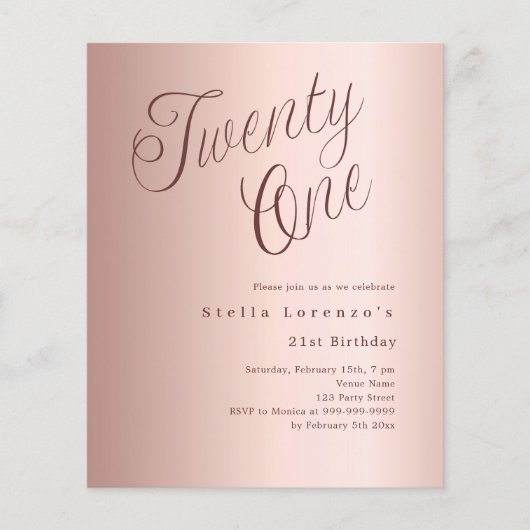 Papier Rose or script budget 21e anniversaire invitation (Devant)