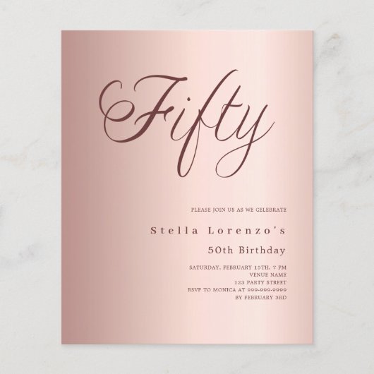 Papier Rose or script budget 50e anniversaire invitation (Devant)