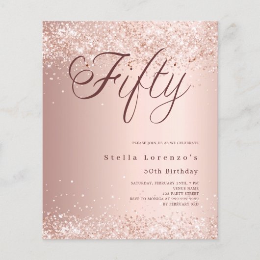 Papier Rose or script budget 50e anniversaire invitation (Devant)