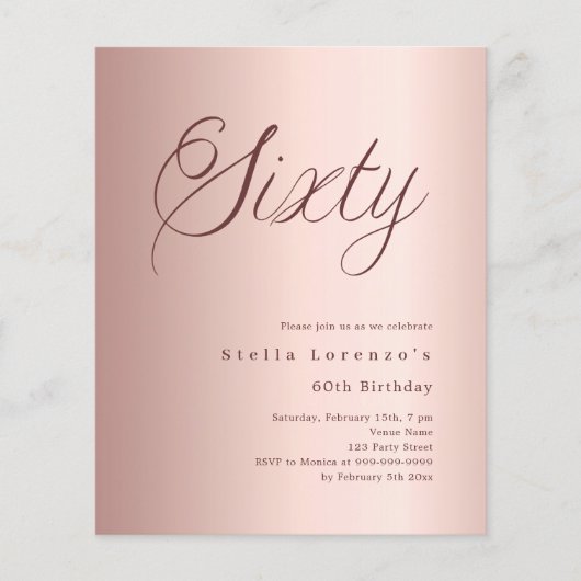 Papier Rose or script budget 60e anniversaire invitation (Devant)