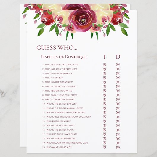 Papier Rose romantique Devinez qui Mariage Word Jeux de r (Devant / Derrière)