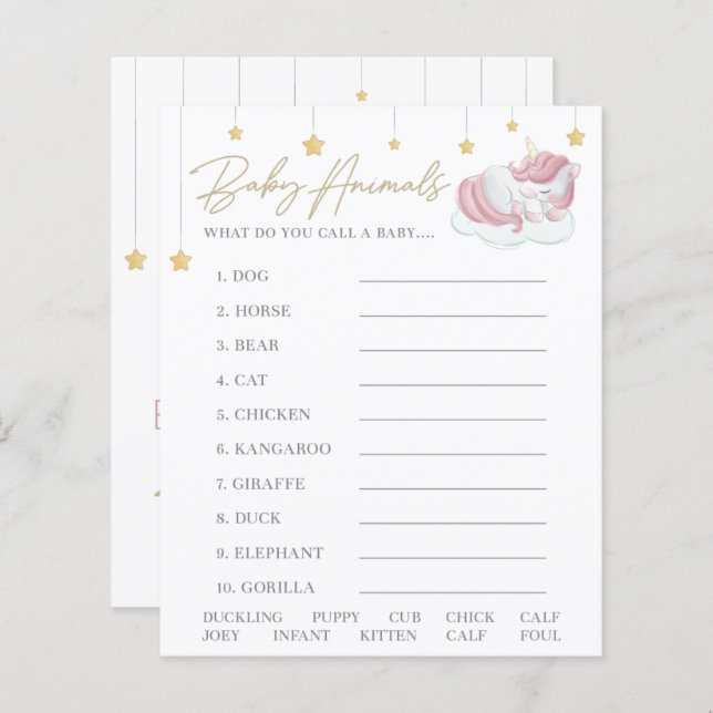 Papier Rose Unicorn étoiles Baby shower Animaux Jeu (Devant / Derrière)