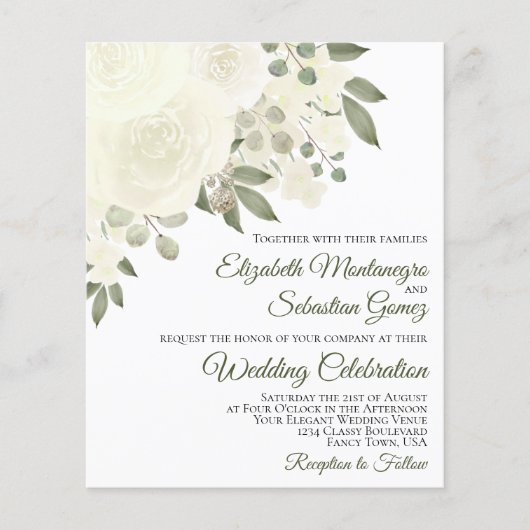 Papier Roses blanches Élégant Faire-part de mariage BUDGÉ (Devant)