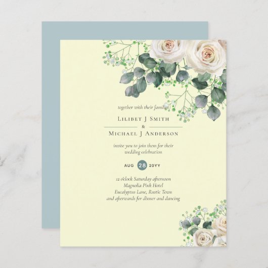 Papier Roses blanches Sage Eucalyptus Citron MARIAGE jaun (Devant / Derrière)