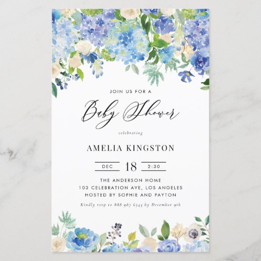 Papier Roses bleus et Baby shower Hydrangea Invitation (Devant)