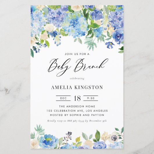 Papier Roses bleus et Hydrangea Baby Brunch Invitation (Devant)