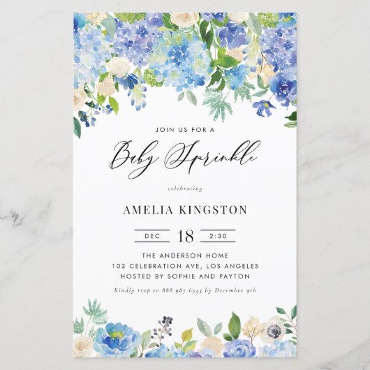 Papier Roses bleus et Hydrangea Baby Sprinkle Invitation (Devant)