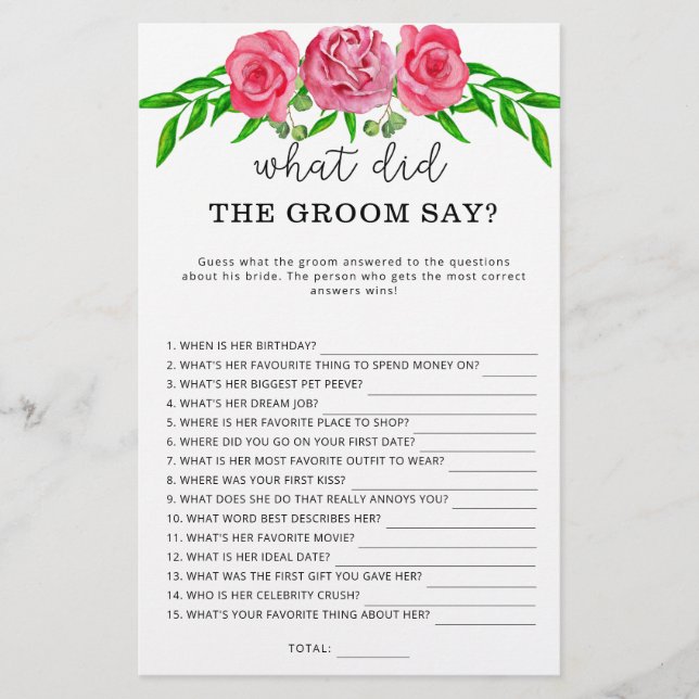 Papier Roses Qu'est-ce que le marié a dit le jeu de la ma (Devant)