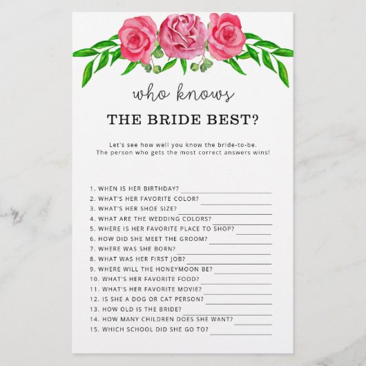 Papier Roses Qui connaît la mariée meilleur jeu (Devant)