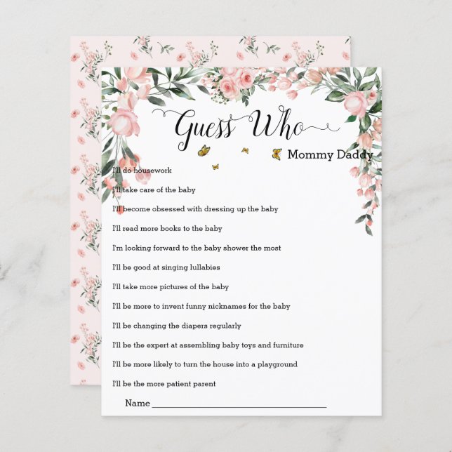 Papier Roses roses élégantes aux papillons Devinez Qui Jo (Devant / Derrière)