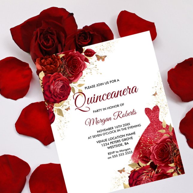Papier Roses rouges Roses robe Budget Quinceanera Invitat (Créateur téléchargé)