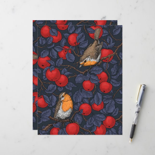 Papier Rouge-gorges dans le pommier/bleu et rouge  (Devant/Arrière en situation)