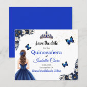 Papier Royal Blue Butterfly Quinceañera Save the Date (Devant / Derrière)