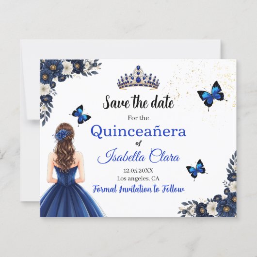 Papier Royal Blue Butterfly Quinceañera Save the Date (Devant)