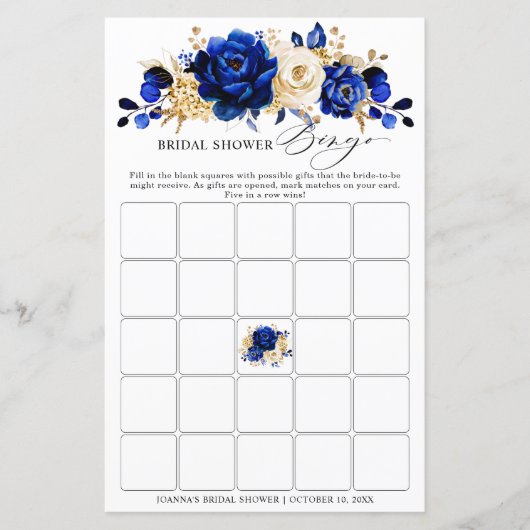 Papier Royal Blue Jaune or Fête des mariées Florale Bingo (Devant)