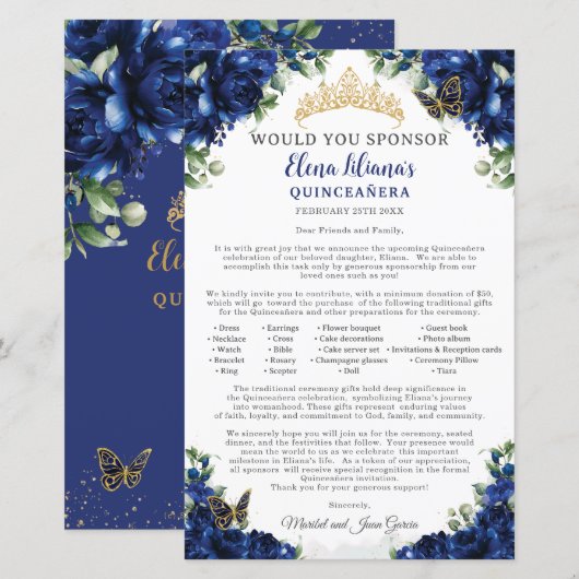 Papier Royal Blue Quinceanera 15 Sponsor Request Letter (Devant / Derrière)
