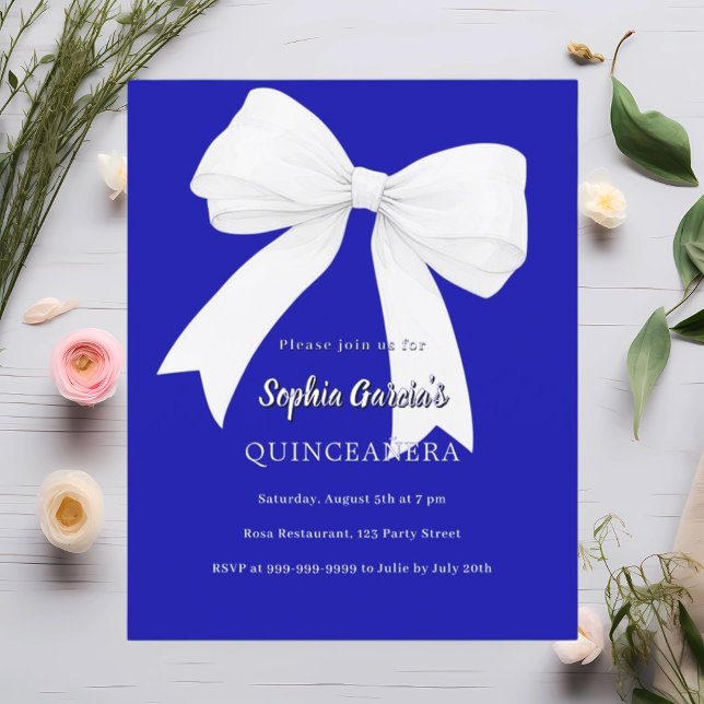 Papier Royal blue white bow Quinceanera invitation (Créateur téléchargé)