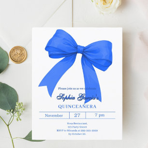 Papier Royal blue white bow Quinceanera invitation