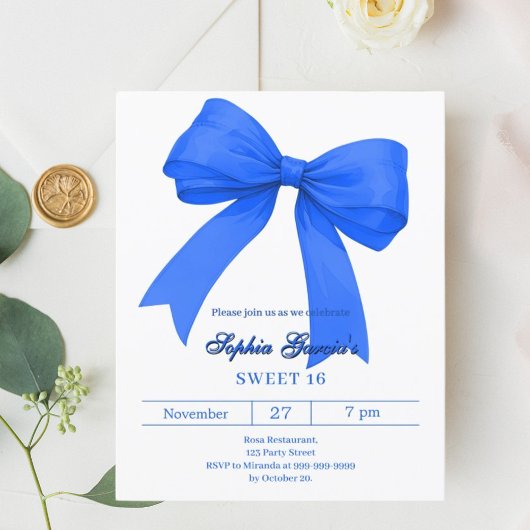 Papier Royal blue white bow SWEET 16 invitation