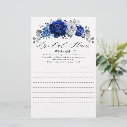 Papier Royal Blue White Silver Floral Qui Suis-Je Jeu (Debout devant)