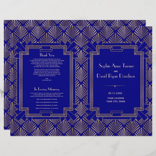 Papier Royal Navy Blue Gold Great Gatsby Art Déco Program (Devant / Derrière)