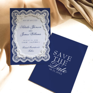 Papier Royale Blauwe Kant Kleedje Oud Geld Bruilof Save The Date
