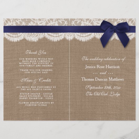 Papier Ruban de la Marine sur Burlap & Lace Wedding Progr (Devant)