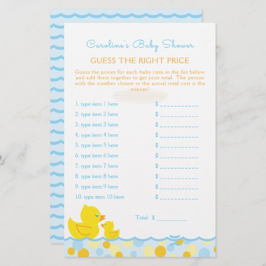 Papier Rubber Ducky Devis Prix Baby shower Jeu (Devant / Derrière)