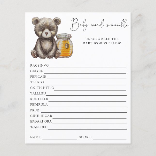 Papier Rubrique de mot d'ours | Jeu Baby shower (Devant)