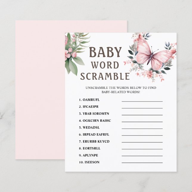 Papier Rubrique Word | Jeu Baby shower papillon rose (Devant / Derrière)