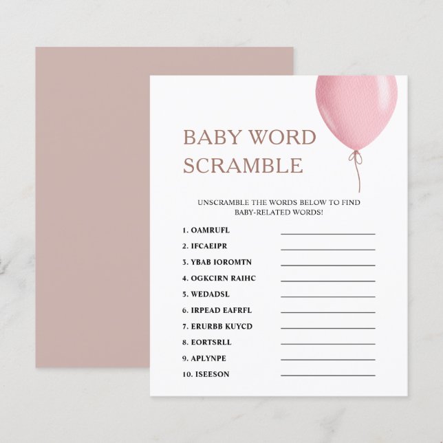 Papier Rubrique Word | Jeu de Baby shower de ballon rose (Devant / Derrière)