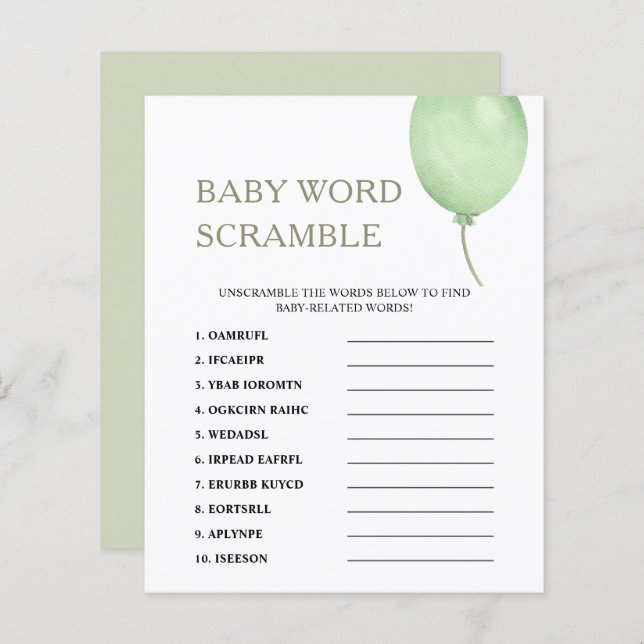 Papier Rubrique Word | Jeu de Baby shower de ballon vert (Devant / Derrière)